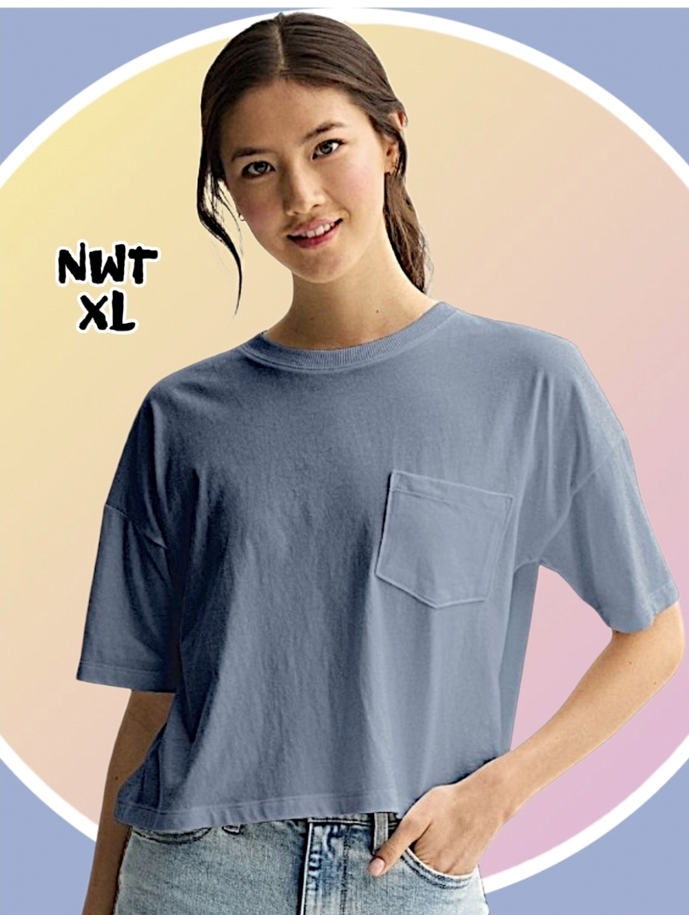 NWT XL Women's Short Sleeve Pocket Tee in Dusty Blue